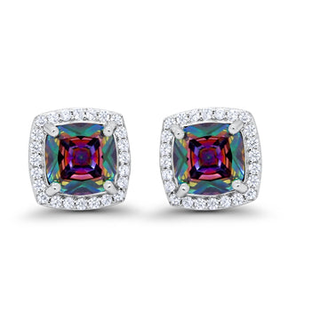 Halo Cushion Bridal Earrings Simulated Rainbow CZ 925 Sterling Silver